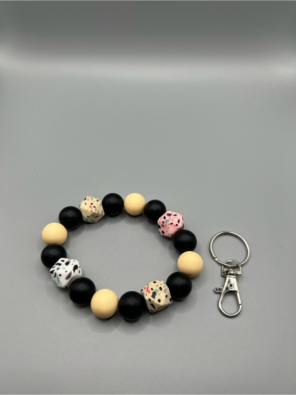 Beaded Keyring Bracelet in Black, Cream & Speckled Pastels - Handmade - K0001C